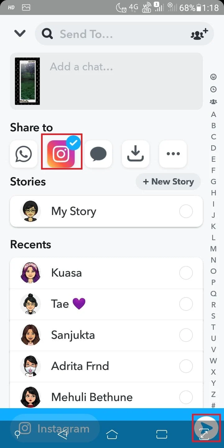 Ketuk ikon Instagram dan klik ikon Kirim.