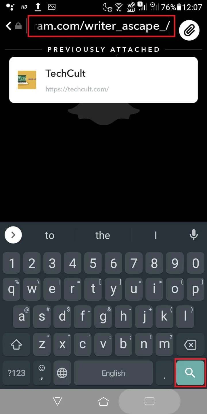 Rekatkan tautan akun Instagram Anda di bagian Ketik URL Anda. Klik ikon kaca pembesar untuk mencari tautan akun Instagram | Cara Menautkan Instagram ke Cerita Snapchat