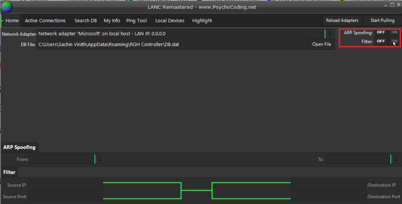 ativar arp spoofing e filtrar