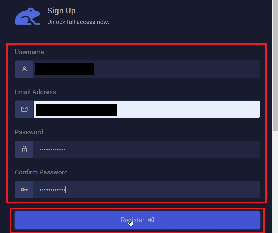insira os dados e clique em registrar