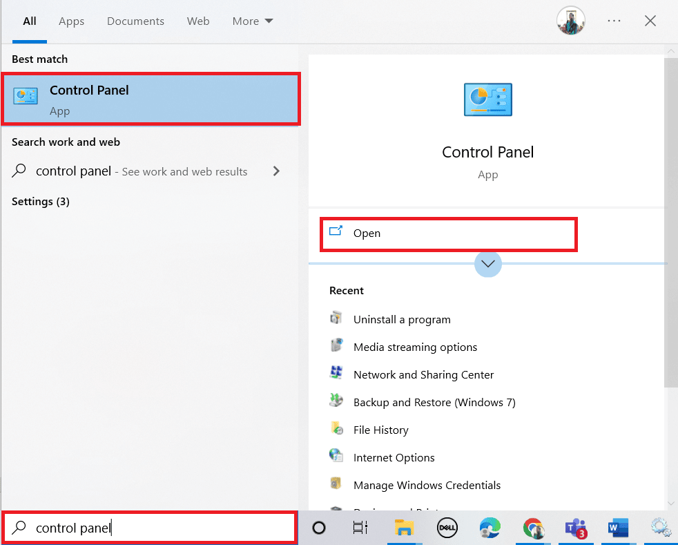 Procure o Painel de Controle na barra de pesquisa do Windows e clique em Abrir