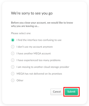 Selecione o motivo apropriado para excluir a conta e clique no botão Enviar.