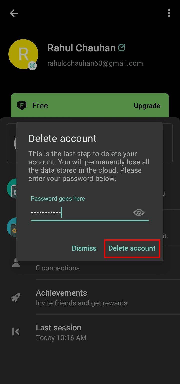 Digite a senha e toque em Excluir conta para excluir permanentemente a mega conta.