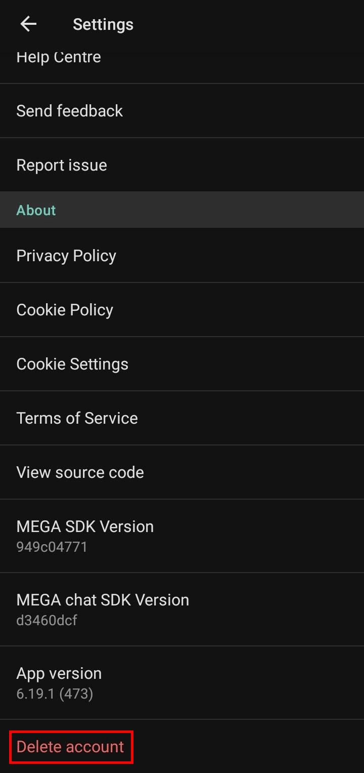 Na seção de configurações, role para baixo até a parte inferior e toque em Excluir conta.
