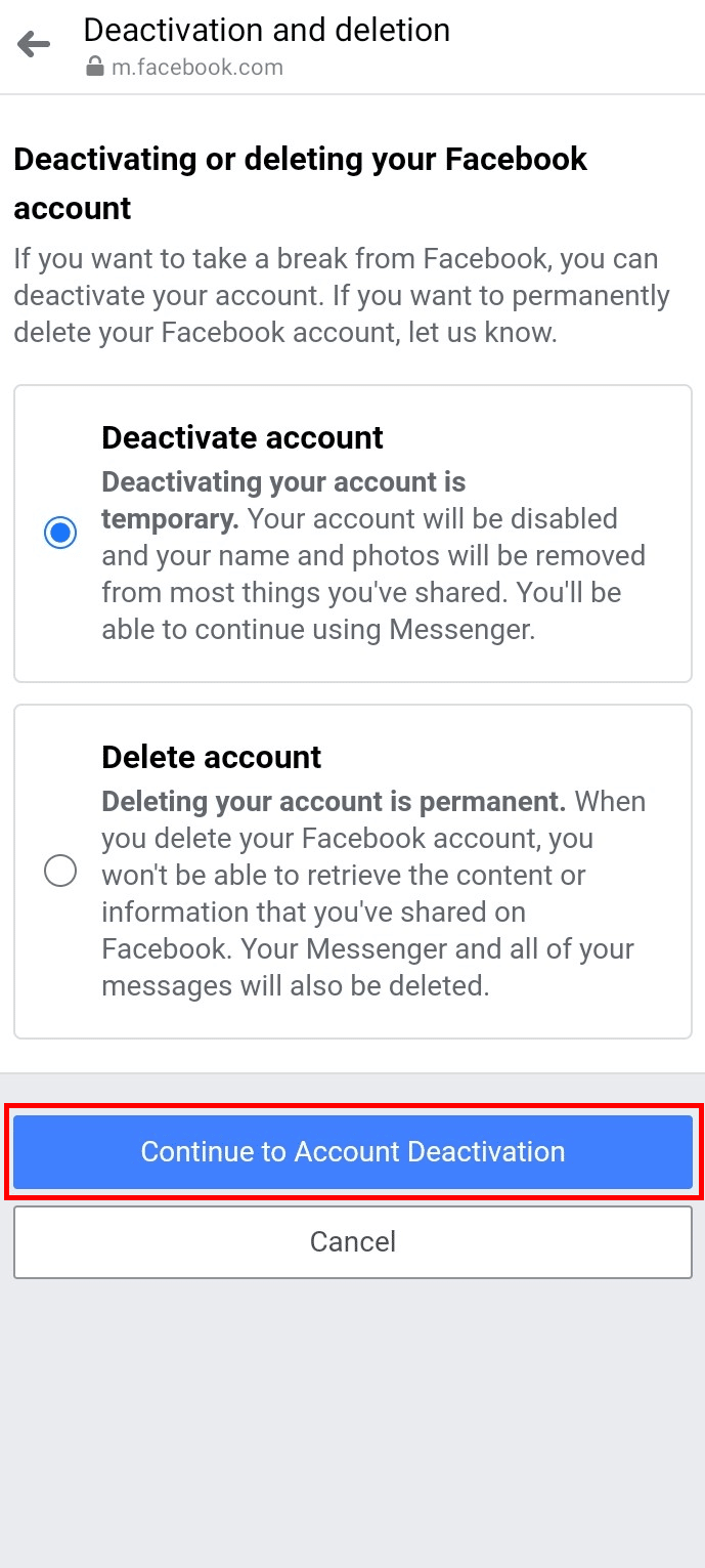 Seleccione la opción Desactivar cuenta y toque el botón Continuar a desactivación de cuenta | eliminar Messenger sin Facebook