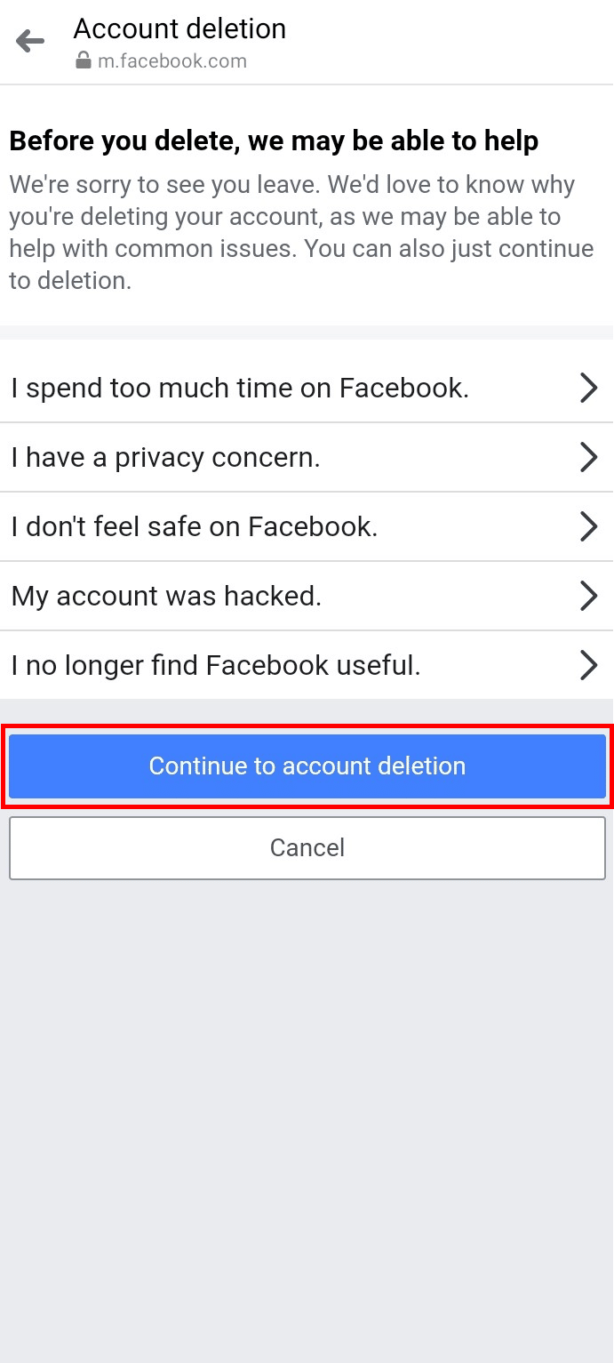 Toque el botón Continuar con la eliminación de la cuenta | eliminar Messenger sin Facebook