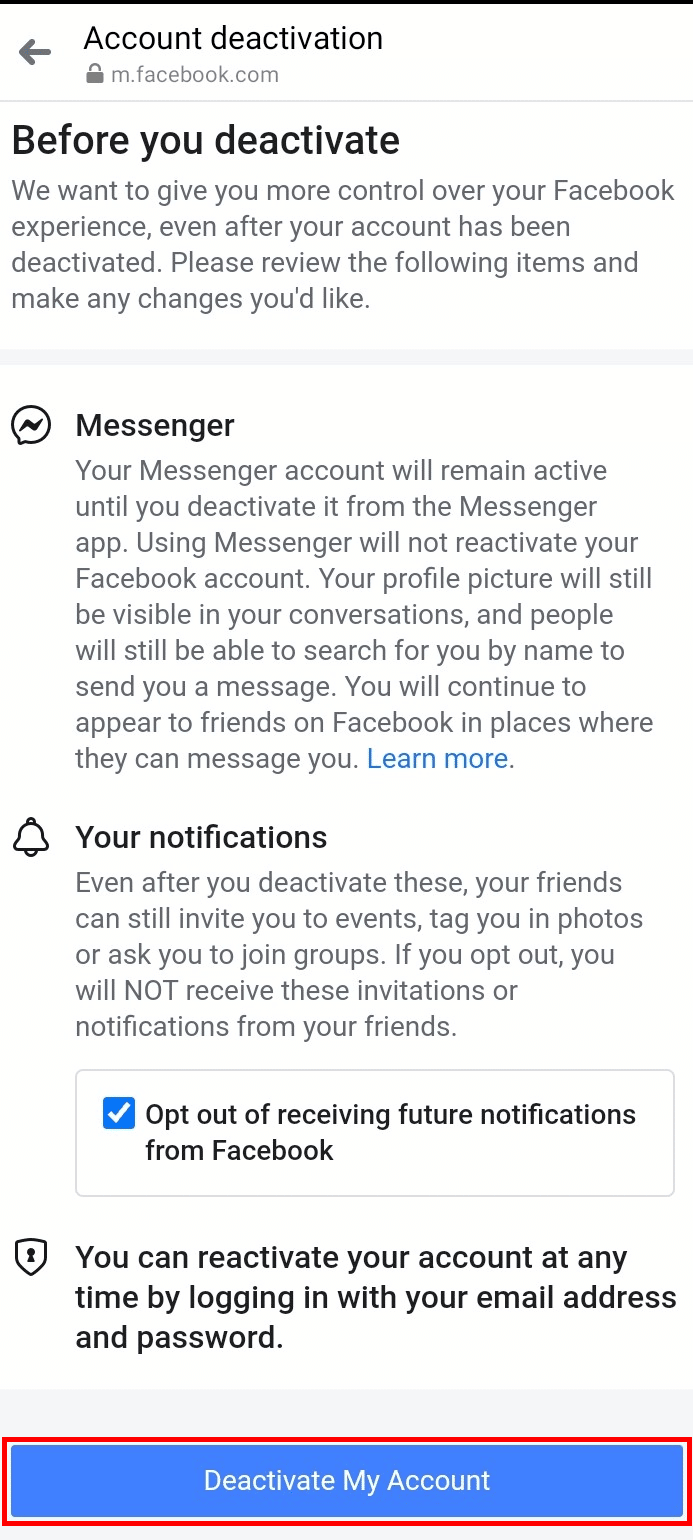 Toque el botón Desactivar mi cuenta para desactivar su cuenta de Messenger y Facebook | eliminar Messenger sin Facebook