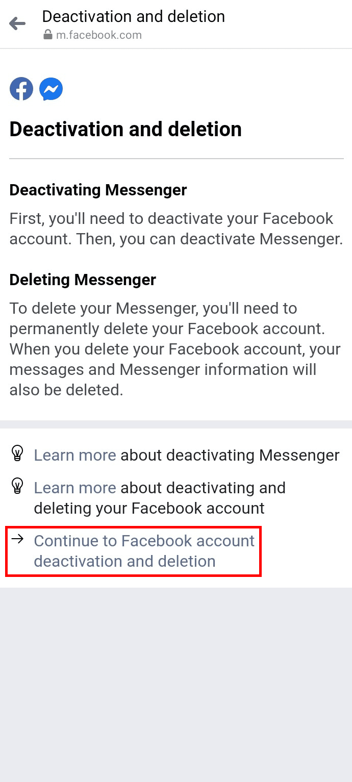 Toque Continuar con la desactivación y eliminación de la cuenta de Facebook en la parte inferior | eliminar Messenger sin Facebook