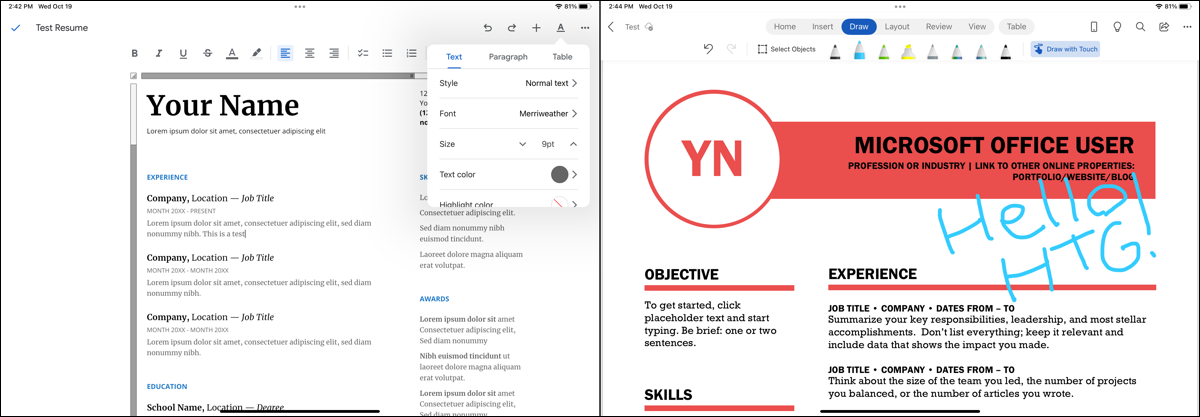 iPad'de Google Dokümanlar (solda) ve Microsoft Word (sağda)