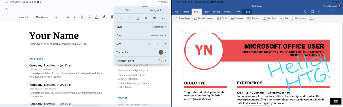 Galaxy Tab S6'da Google Dokümanlar (solda) ve Microsoft Word (sağda)