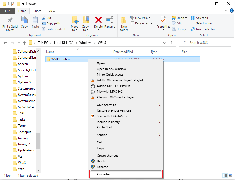 คลิกขวาที่โฟลเดอร์ WSUSContent และคลิกที่ตัวเลือก Properties แก้ไข WSUS Administration Console ไม่สามารถเชื่อมต่อ WSUS Server ผ่าน Remote API