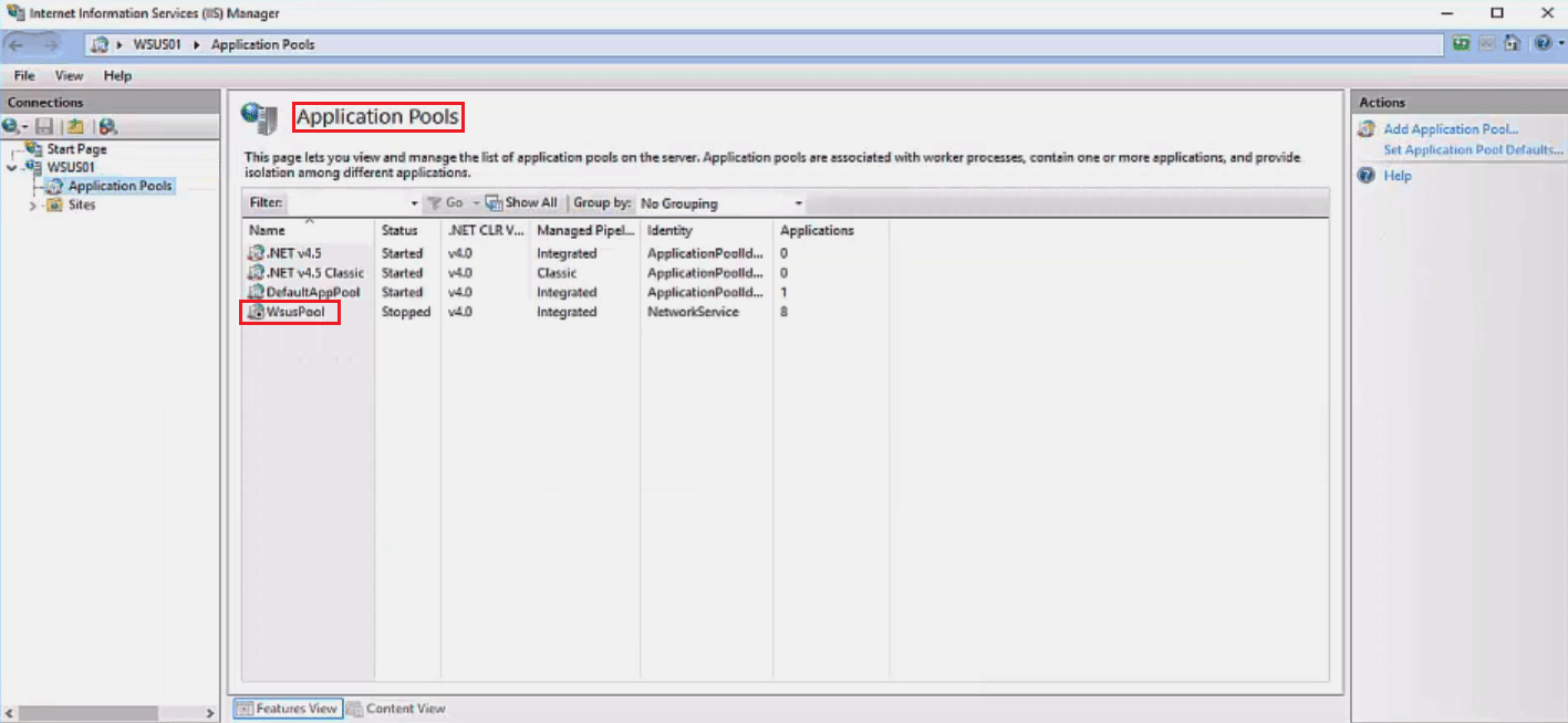 เลือกบริการ WSUSPool ใน Application Pools