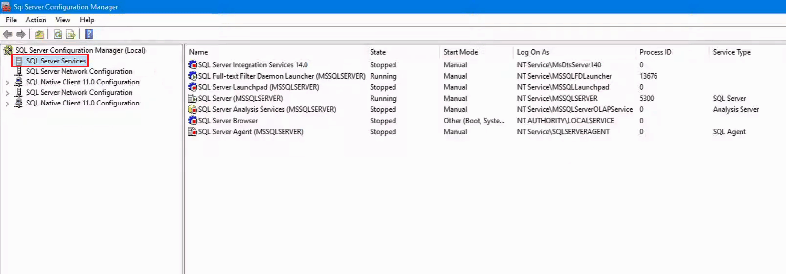 บริการ SQL Server ใน SQL Server Configuration Mangager