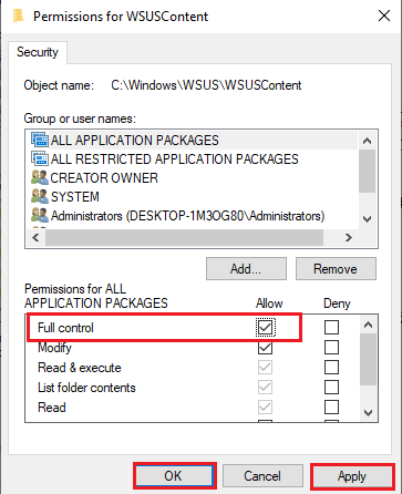 เลือกตัวเลือกการควบคุมทั้งหมดในส่วนอนุญาตแล้วคลิกปุ่มใช้ แก้ไข WSUS Administration Console ไม่สามารถเชื่อมต่อ WSUS Server ผ่าน Remote API