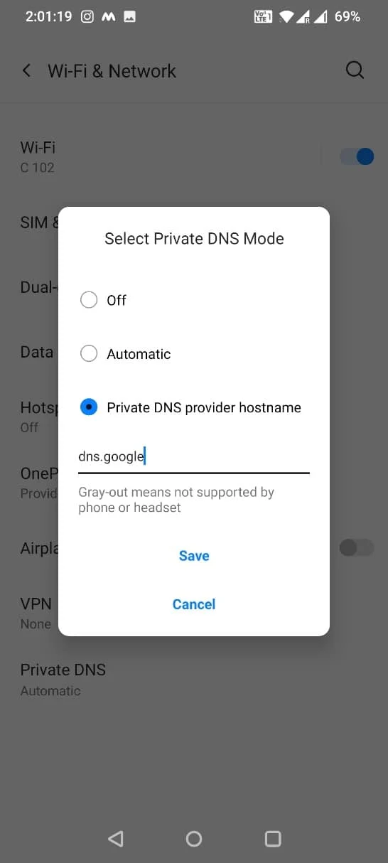 Seleccione el nombre de host del proveedor de DNS privado y escriba dns.google debajo y guarde los cambios.