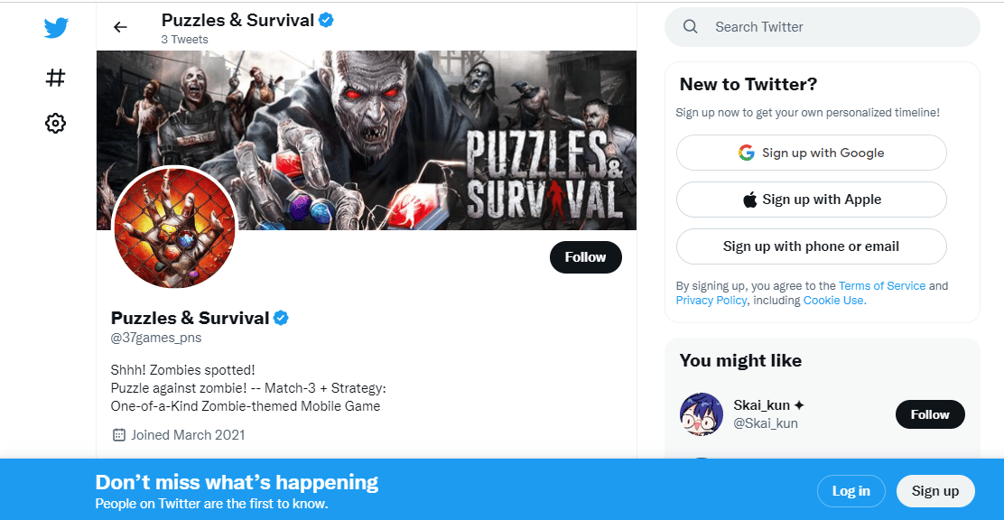 Contul de Twitter al Puzzles and Survival