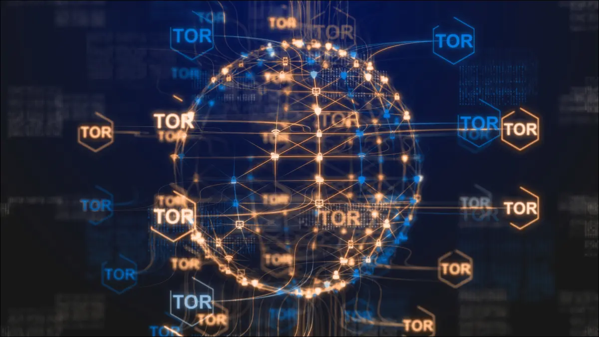 Ilustrasi digital bola dunia yang dikelilingi oleh simpul dengan label bertuliskan "Tor."
