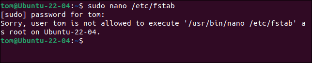 Versuch, die Datei /etc/fstab ohne sudo-Berechtigungen zu bearbeiten