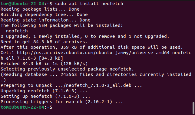 Benutzer Tom, der den apt-Befehl mit sudo verwendet