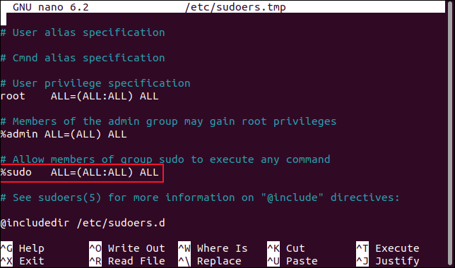 Die sudoers-Datei wird im Nano-Editor geöffnet