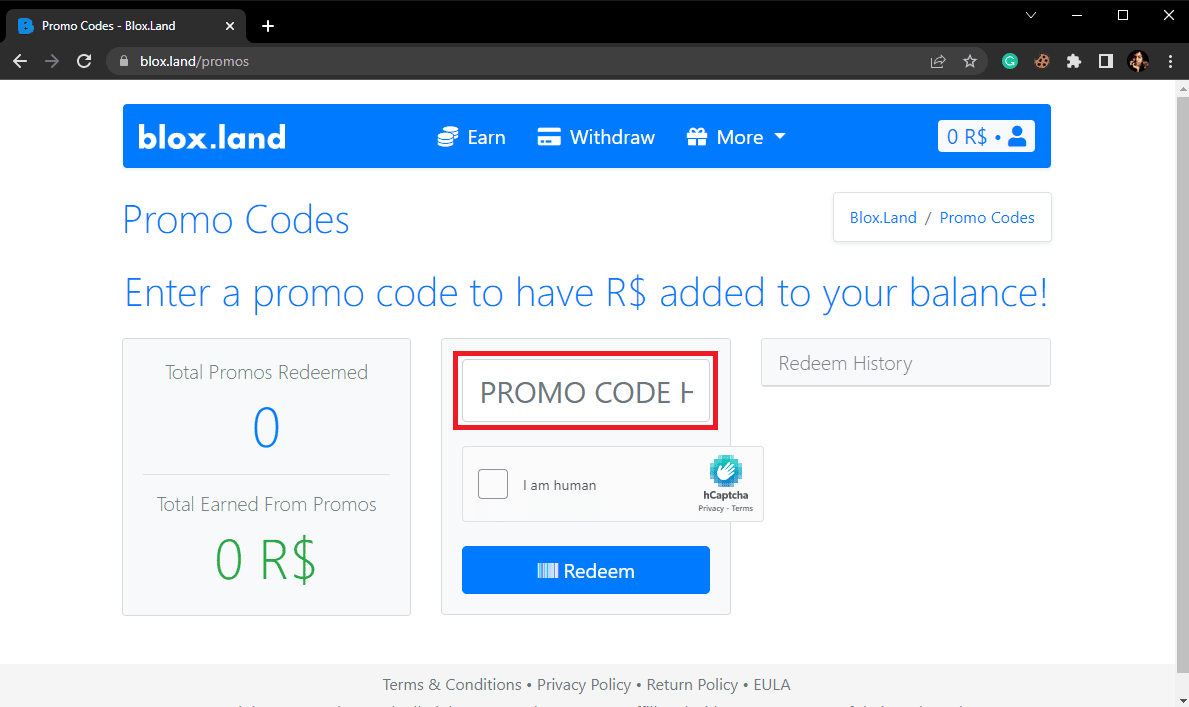 PROMO KODU BURADA metin kutusunu bulun ve Promosyon Kodunuzu buraya girin. Blox Land için Ücretsiz Promosyon Kodları: Şimdi Kullanın