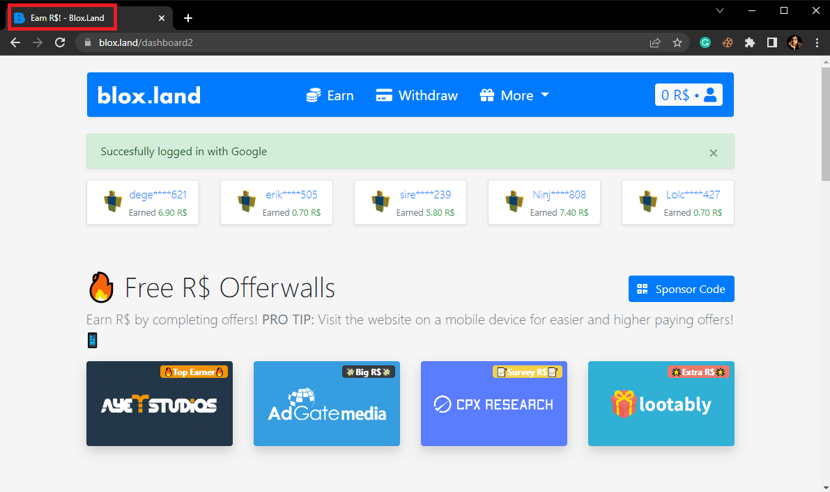 Başlat menüsünden Google Chrome'u açın ve resmi BloxLand sitesini ziyaret edin ve giriş yapın