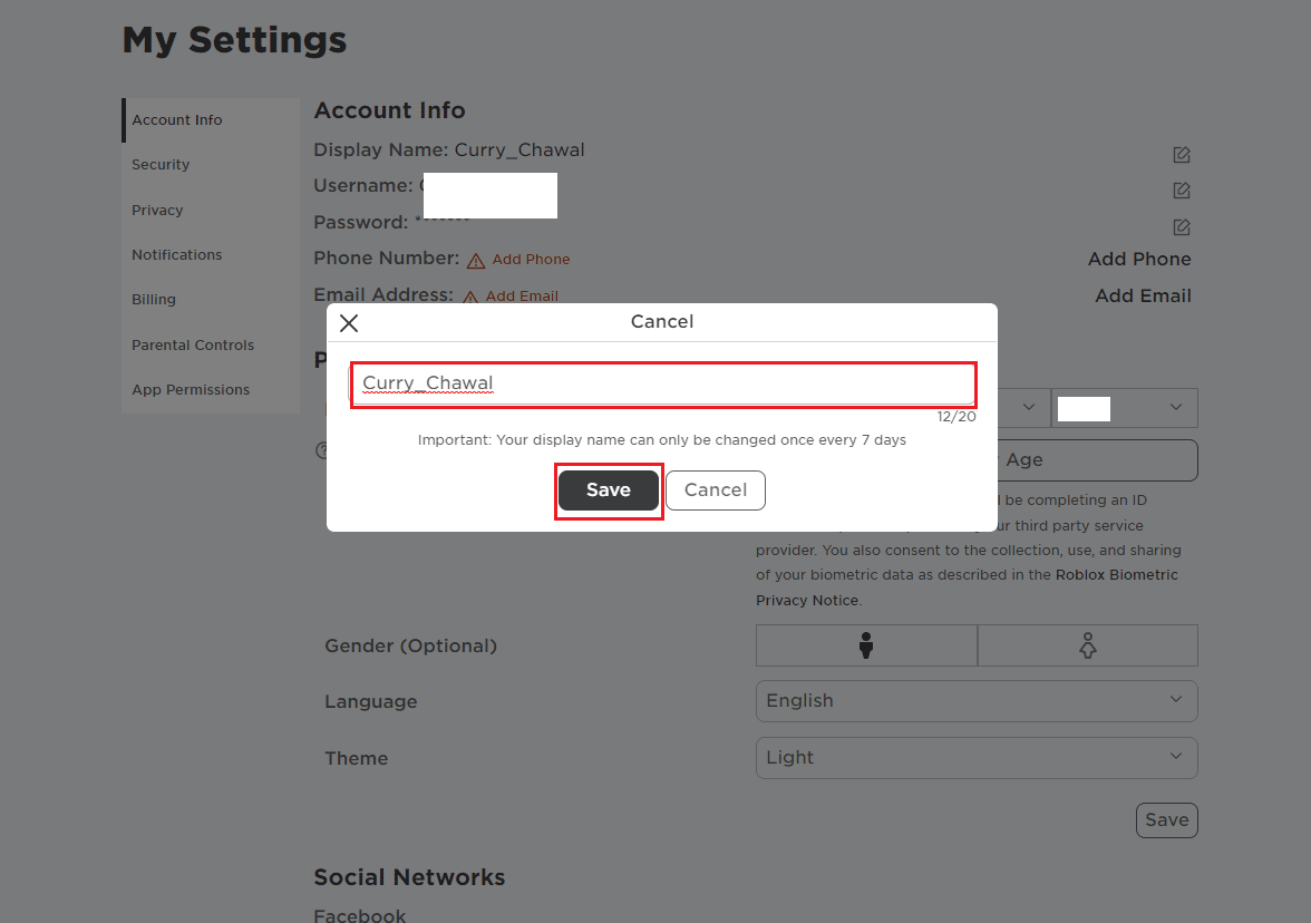 表示名を変更し、Roblox の [保存] ボタンをクリックします