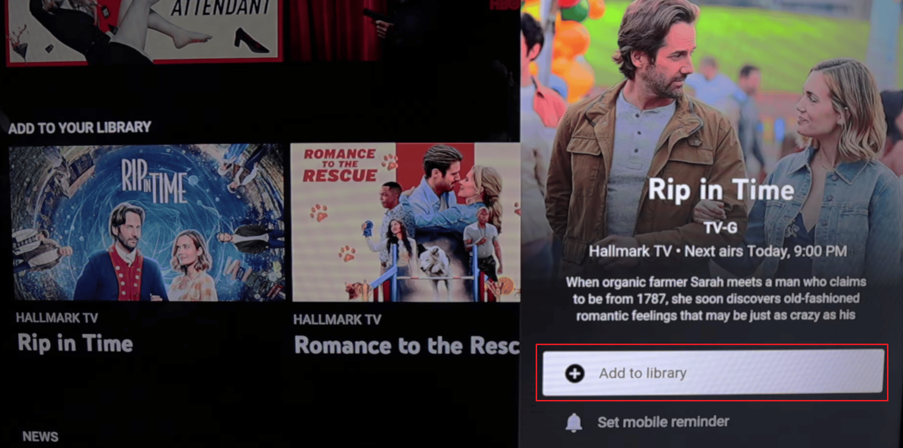 нажмите на опцию «Добавить в библиотеку» в меню шоу на YouTube TV