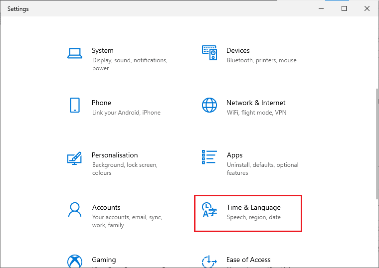 시간 언어 설정을 클릭합니다. Microsoft Store에서 수정 페이지를 로드할 수 없음