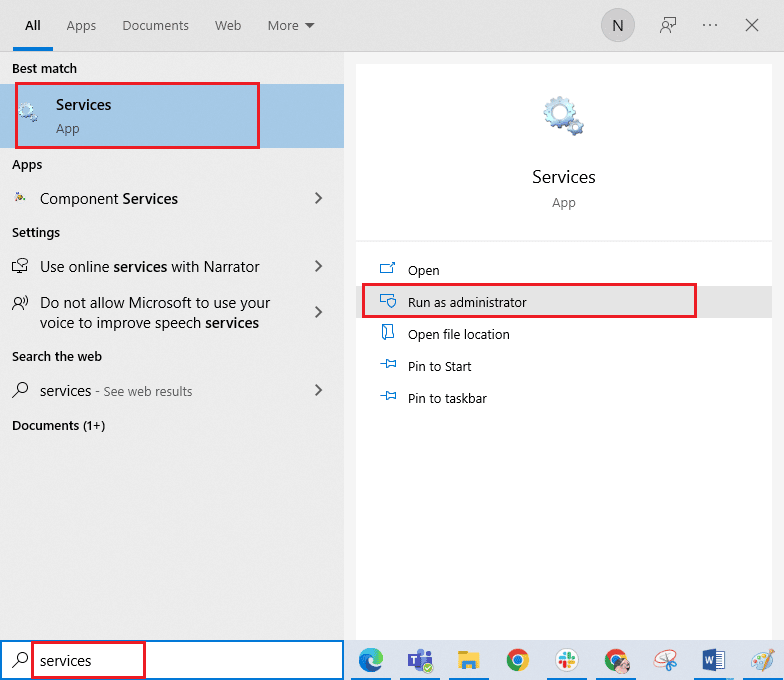 검색 메뉴에 서비스를 입력하고 관리자 권한으로 실행을 클릭합니다. Microsoft Store에서 수정 페이지를 로드할 수 없음