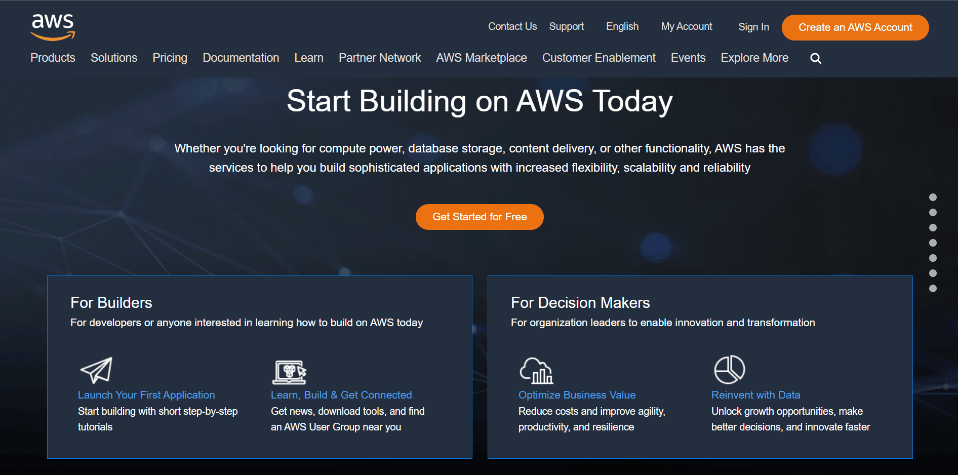 Página web de AWS. Los mejores servicios gratuitos de alojamiento de sitios web