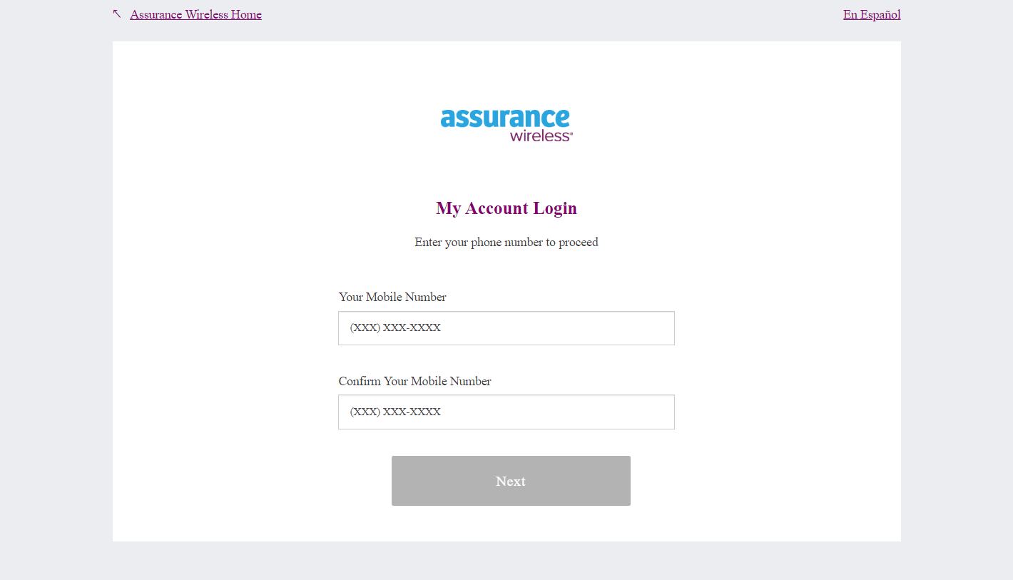 Assurance Wireless 로그인 페이지