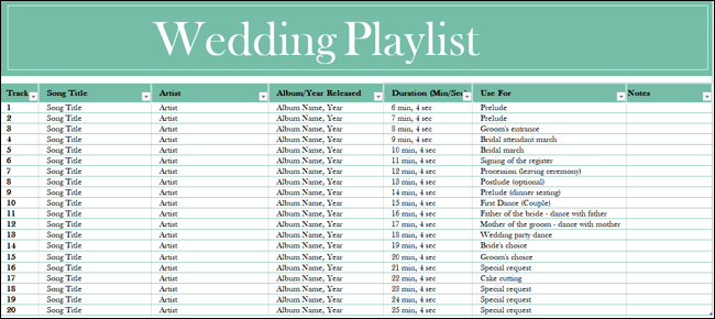 Excel-Vorlage für die Hochzeits-Playlist