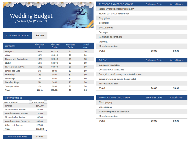 Excel-Vorlage für das Hochzeitsbudget