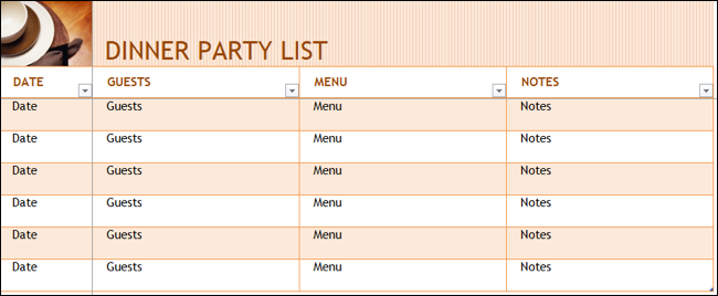 Excel-Vorlage für die Gästeliste der Dinnerparty