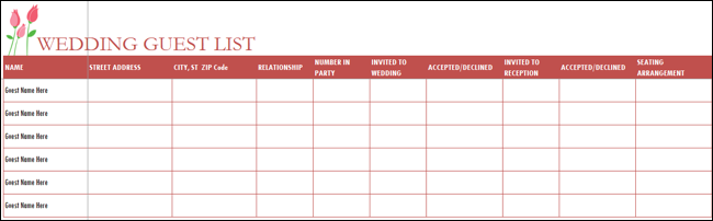 Excel-Vorlage für die Gästeliste der Hochzeit
