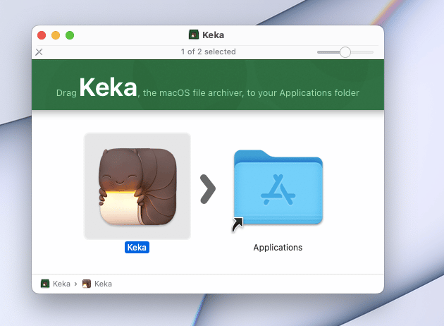 Keka 아이콘을 Application 폴더 아이콘으로 드래그하십시오.
