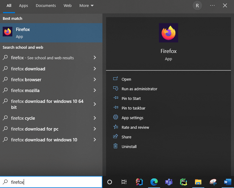 pesquise firefox na caixa de pesquisa do windows. Corrigir o erro Netflix 70371101 no Windows 10