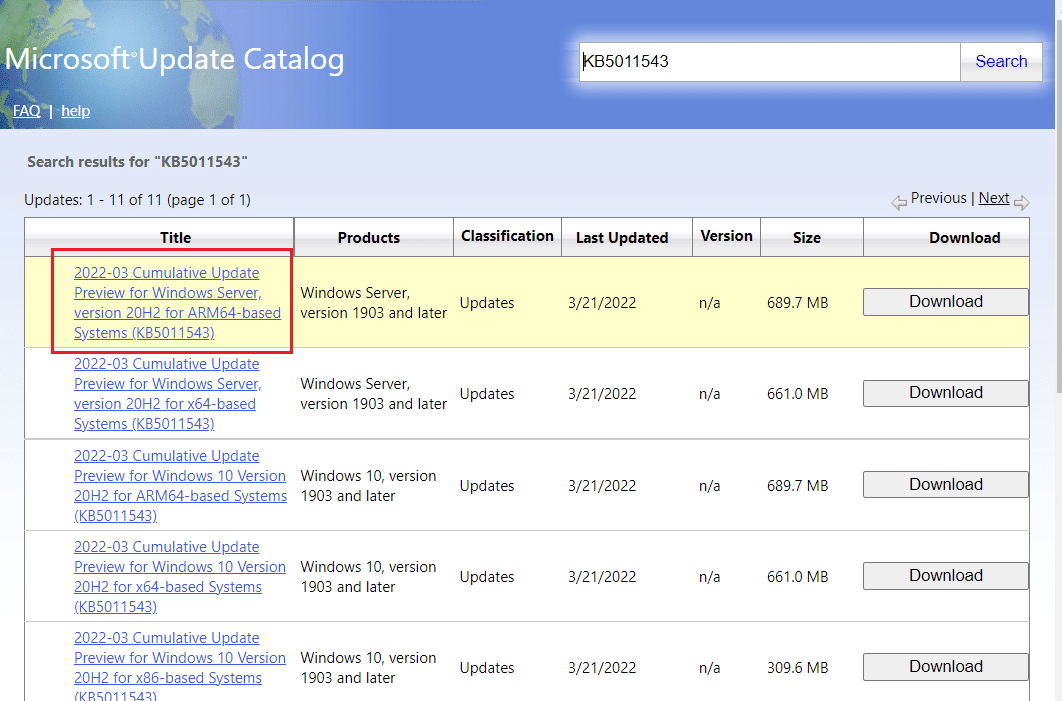เลือกการอัปเดตจากรายการในหน้า Microsoft Update Catalog วิธีแก้ไขข้อผิดพลาด Windows Update 0X80070003