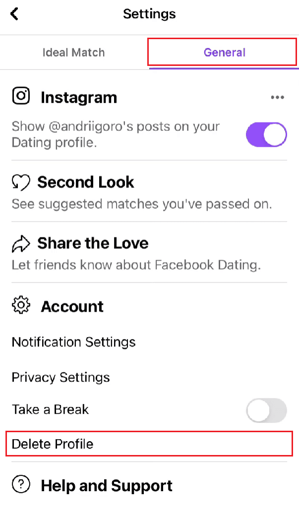 แตะที่แท็บทั่วไป - ลบโปรไฟล์ ตัวเลือก | ลบรูปภาพในโปรไฟล์ Facebook Dating ของฉัน