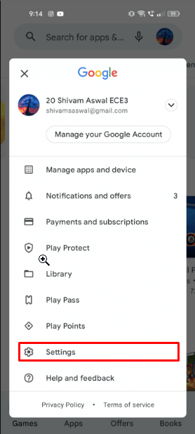 Toque na opção Configurações, na opção de configurações da Play Store.