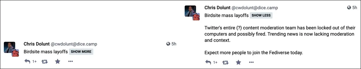 صورة مشاركة Mastodon مع محتوى تحذير من "تسريح جماعي للعمال في موقع Birdsite"