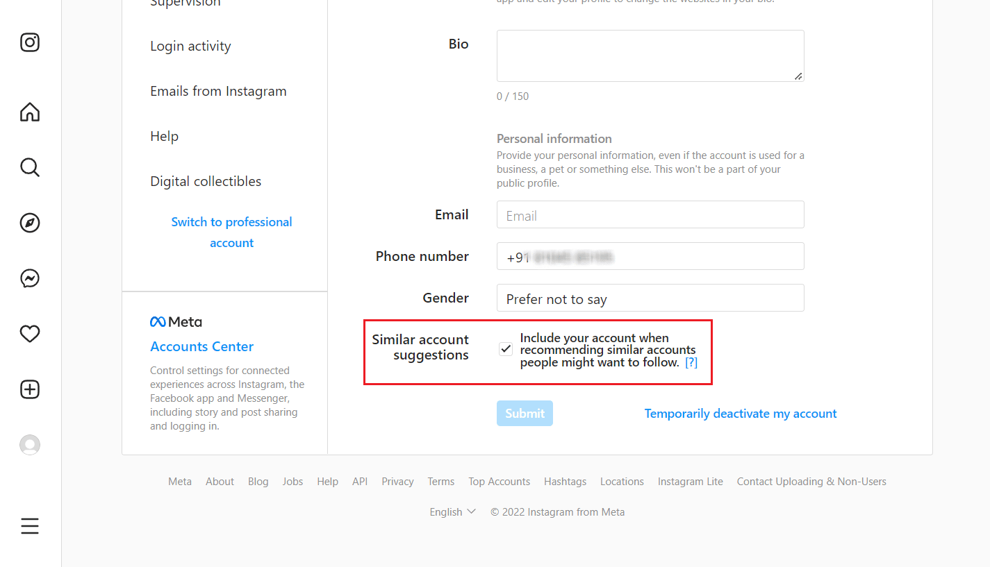 Décochez la case de l'option Suggestions de comptes similaires en bas | arrêter les spambots sur Instagram