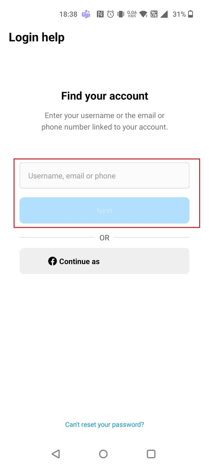 Yeni pencerede Kullanıcı adını girin ve İleri | Instagram şifremi e-posta olmadan sıfırla | Telefon Numarası ve E-posta Olmadan Instagram'a Nasıl Giriş Yapılır?