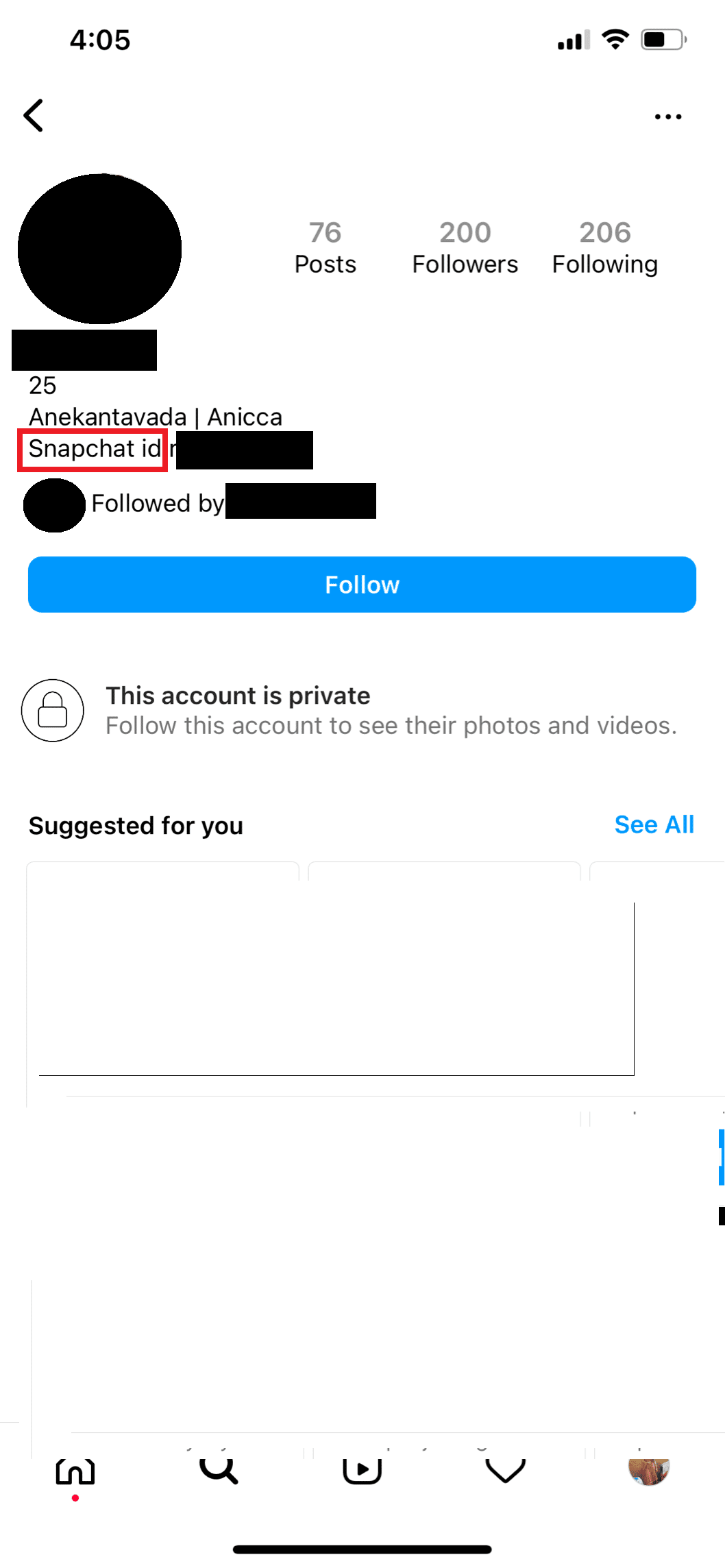 id instantánea en la cuenta de insta