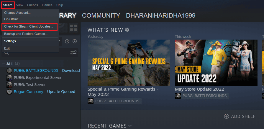 klik Steam diikuti oleh Periksa Pembaruan Klien Steam…