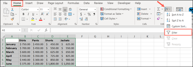 Excel'de filtre uygula