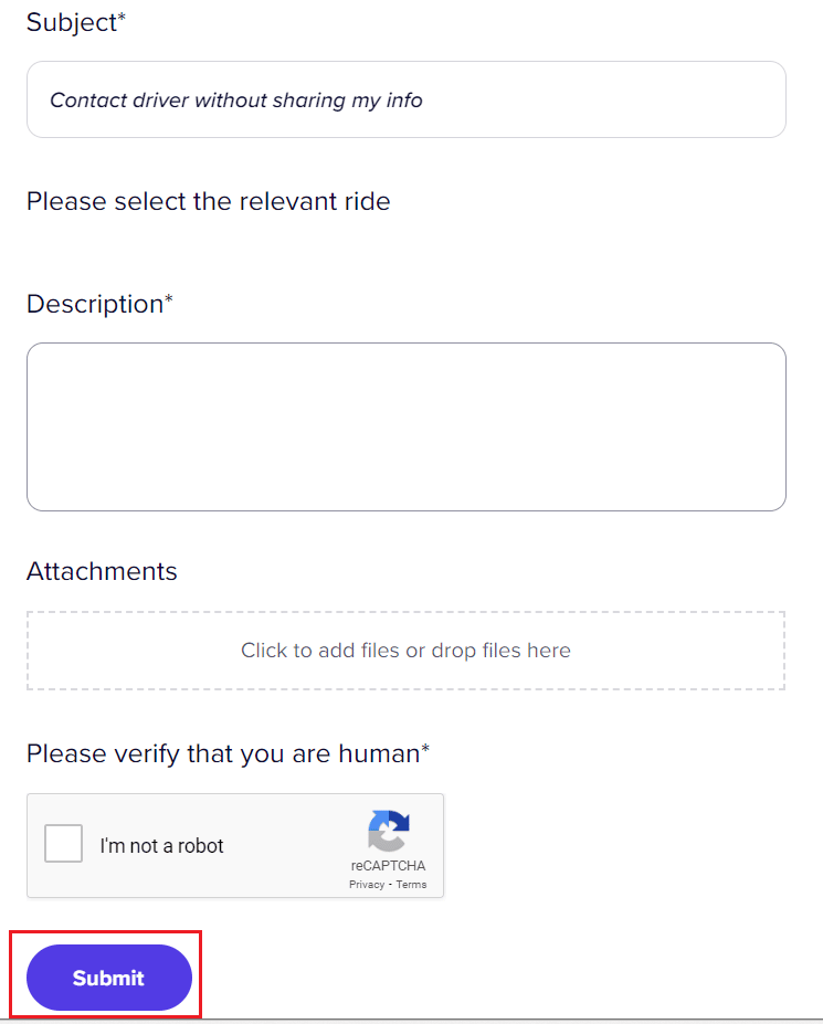 Pagina di richiesta di invio - dettagli - Invia per aumentare il ticket | annulla il giro in Lyft | Lyft concede rimborsi