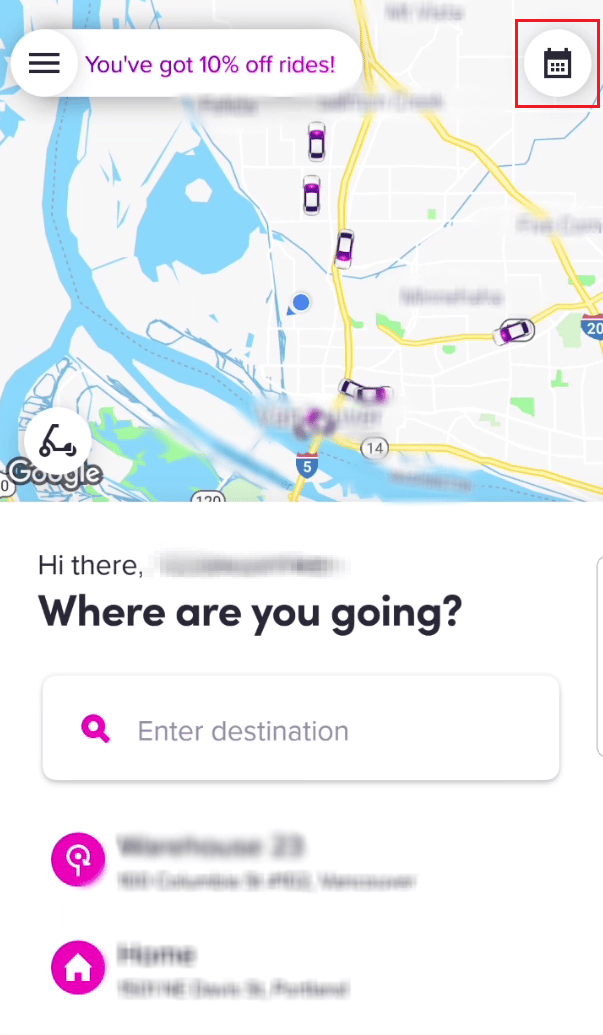 Dall'angolo in alto a destra della schermata iniziale, tocca l'icona del calendario | annulla il giro in Lyft | Lyft concede rimborsi