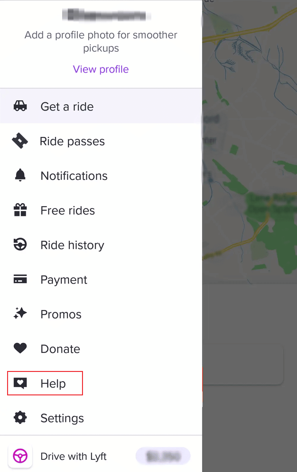 Opzione di aiuto sull'app Lyft | Come annullare Lyft Ride